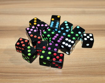 Awesome Set of 20 Black 6 Sided Dice with Colored Dots, 6 Sided Black Dice Set, 16 mm Dice, Board Game Dice, Game Pieces, Craft Supplies
