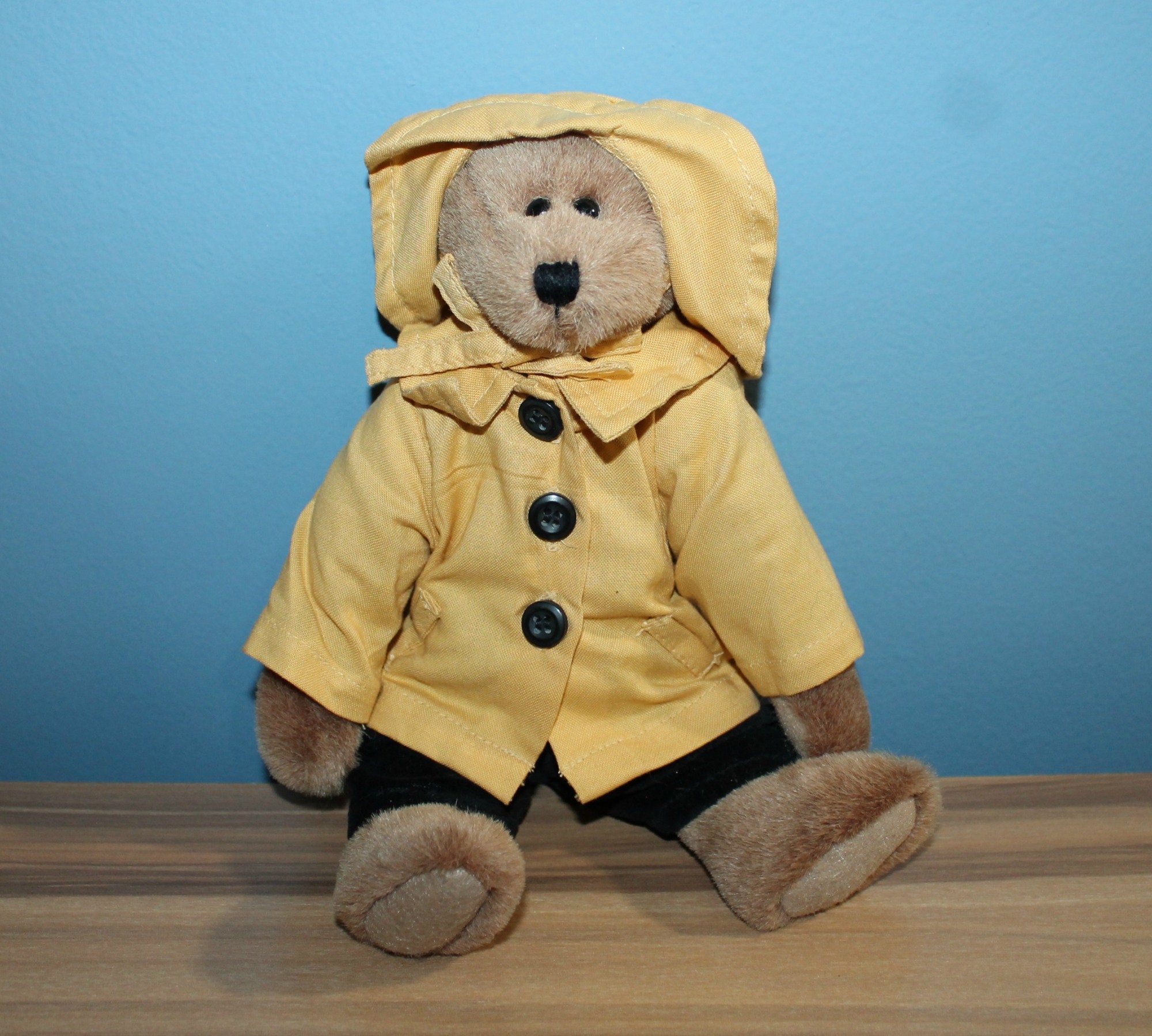 teddy bear with yellow raincoat