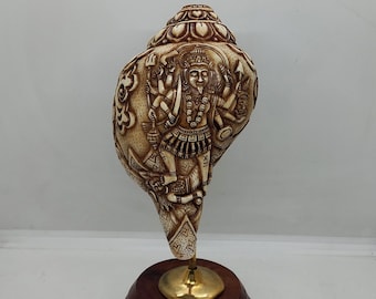 Hindu priest Ritual conch shell Hand carved Goddess Kali Trumpet, KL
