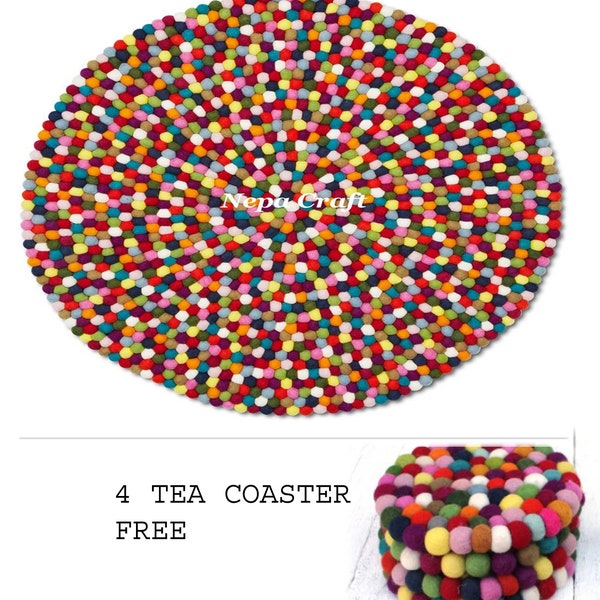 Choose Size 90 cm to 200 cm + 4 Tea coaster Multi-colored Round Felt Ball Area Rug Nursery Kids Room Decoration office Mat, Free shipping