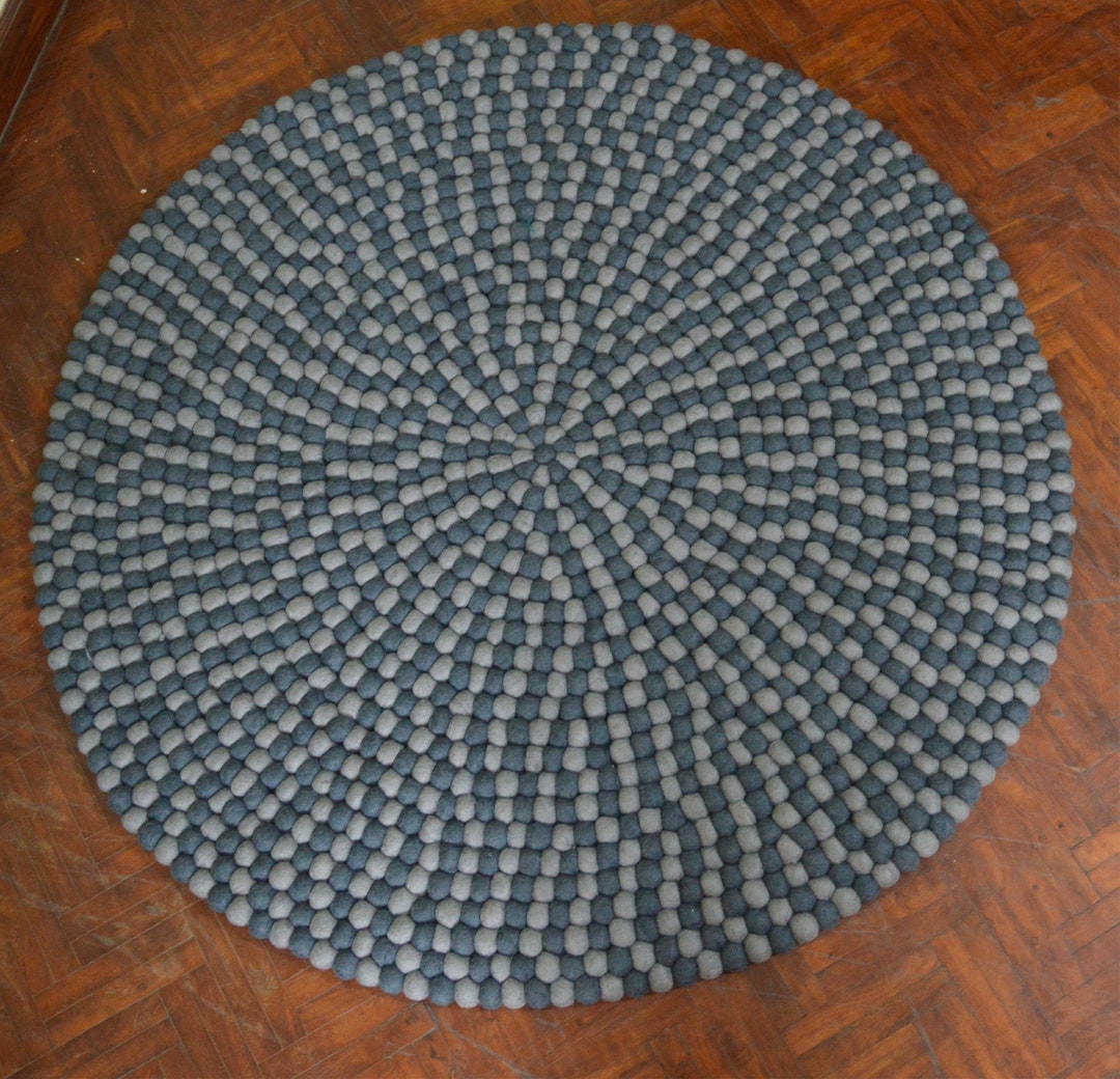 Puff Ball Rug Size 90 Cm in Diameter Blue Color Bright Pom Pom Felt Balls Round Rug ...