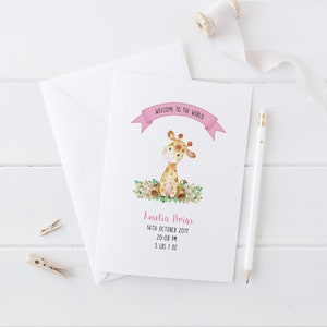 Cartão personalizado de boas-vindas ao mundo girafa, cartão para recém-nascido menino, cartão para recém-nascido, cartão para recém-nascido, cartão personalizado com inicial do nome para recém-nascido menina