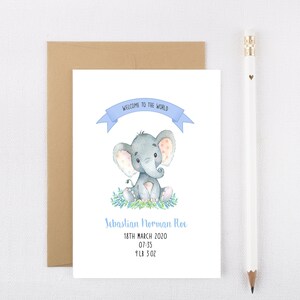 Tarjeta de bienvenida al mundo personalizada con forma de elefante: tarjeta para recién nacidos, tarjeta para bebés recién nacidos, tarjeta con fecha y detalles de nacimiento