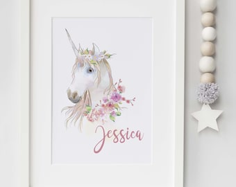 Personalised watercolor Unicorn print- nursery, bedroom, playroom print