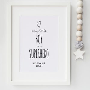 Blue or Black Personalised &#39;Every Little Boy Is A Super Hero&#39; Nursery Print or Newborn Baby Gift