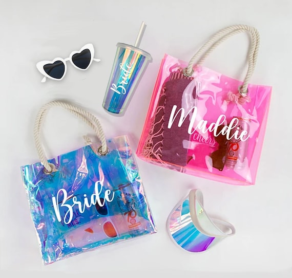Personalised Neon Transparent Beach Bag Iridescent Tote Bags Custom PVC Bag Perfect for Hen Parties Beach Trips and Girls Holidays Etsy