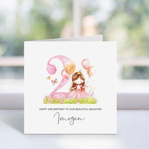 Cartão de Segundo Aniversário de Princesa Personalizado | Cartão de Aniversário de Meninas, Filha, Neta, Sobrinha, Irmã, Afilhada | Cartão Princesa Rosa