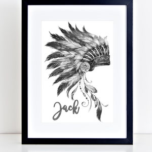 Boys Cheif Indian Headdress Personalised name print feathers print, boys bedroom, boys nursery, boys playroom print image 4