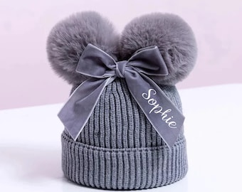 Personalised Girls Pom Pom Hat – Knitted Winter Beanie with Bow