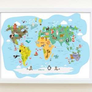 Die Welt der Tiere | Kinder Weltkarte | Gender Neutral Kunst für Mädchen | Weltkarte Kinderzimmer | Edukativer Druck, Spielzimmer Druck, Tiere der Welt