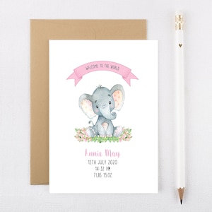 Personalizada bienvenida al mundo elefante tarjeta- recién nacido- nueva tarjeta de bebé- recién nacido- nuevo bebé- nuevos padres- tarjeta- baby shower