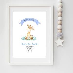 Personalisierte Willkommen in der Welt Geburtsanzeige Print | Benutzerdefinierte Kinderzimmer Druck oder Karte | Neugeborenes Baby Geschenk | Giraffe Wand Kunst | Neues Schätzchen