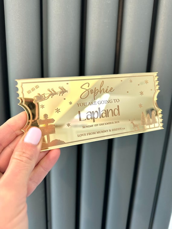 Personalised Gold Acrylic Lapland Ticket, Christmas Surprise Souvenir, Polar Express Gift