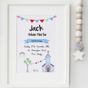 Personalised Christening Print – Custom Baptism Keepsake for Baby Boys and Girls – Custom Name and Church Illustration – Unique Gift