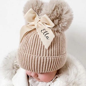 Personalised Pom Pom Hat | Custom Name Baby Hat | Toddler Winter Beanie | Girls Knitted Bow Hat | 12 Months – 5 Years