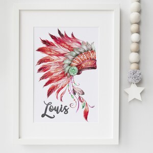 Boys Cheif Indian Headdress Personalised name print feathers print, boys bedroom, boys nursery, boys playroom print image 2