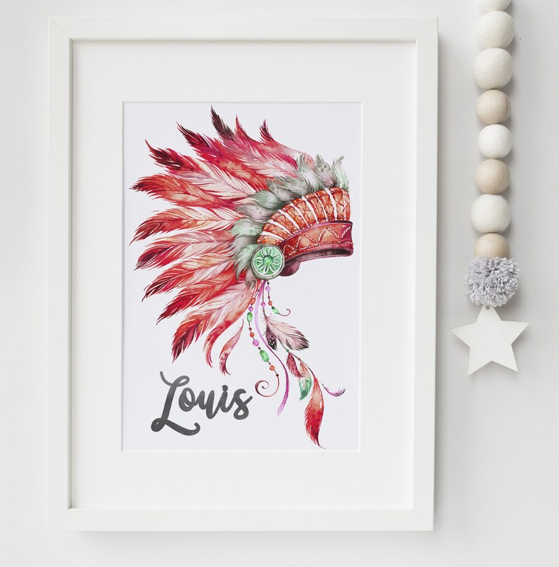 Boys Cheif Indian Headdress Personalised name print feathers print, boys bedroom, boys nursery, boys playroom print image 2