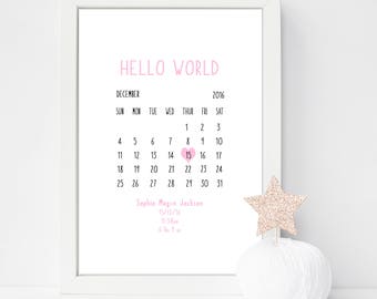 Hello World- Personalised Print- Welcome to the World- Newborn Gift- Birth Details Print