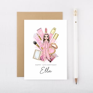 Tarjeta de cumpleaños personalizada para niñas, tarjeta de maquillaje y belleza, tarjeta para ella, hermana, hija, sobrina, tía, nieta, adolescente