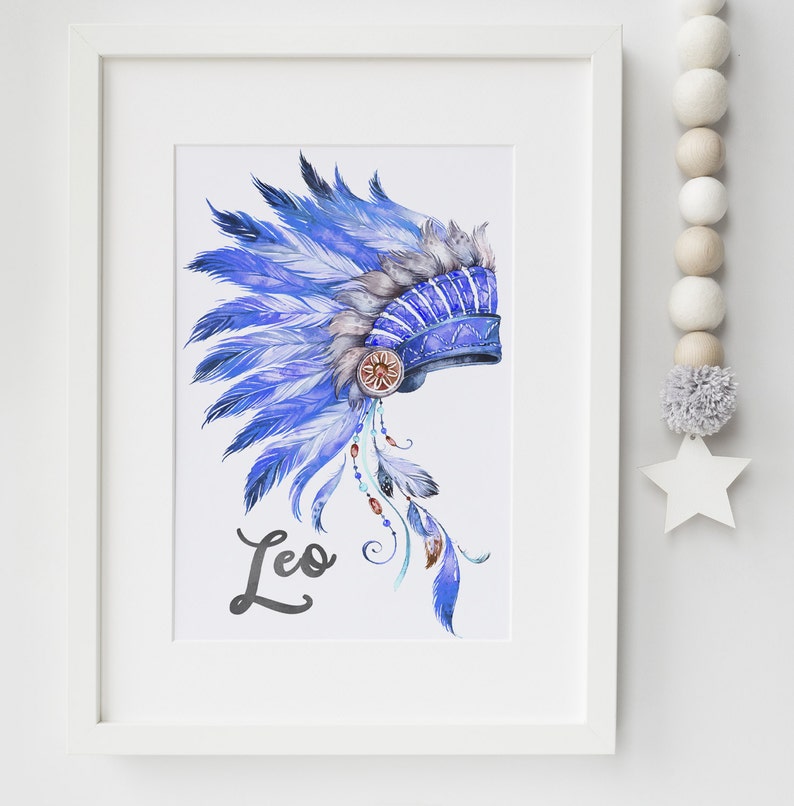 Boys Cheif Indian Headdress Personalised name print feathers print, boys bedroom, boys nursery, boys playroom print image 1