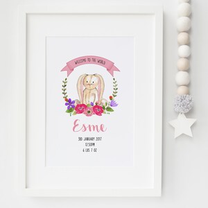 Format A4 Personnalisé Bienvenue le monde Bunny lapin naissance détail annonce crèche impression ou la carte