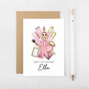 Tarjeta de cumpleaños personalizada para niñas, tarjeta de maquillaje y belleza, tarjeta para ella, hermana, hija, sobrina, tía, nieta, adolescente