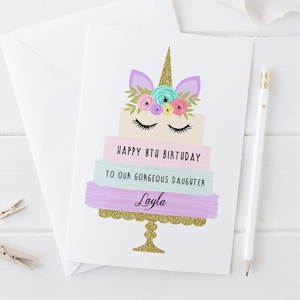 Cartão de bolo de aniversário de unicórnio personalizado - cartão de menina, cartão de filha, cartão de amiga, cartão de sobrinha, cartão de afilhada, um, dois, três, quatro...