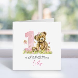 Personalisierte rosa Bär erste Geburtstagskarte | Mädchen Geburtstagskarte, Tochter, Enkelin, Nichte, Schwester, Patenkind | Rosa Teddy Karte