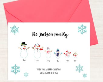 Carte de Noël personnalisée de la famille Snowman- Carte de Noël, Bonne Année, Carte de Joyeux Noël, Carte personnalisée personnalisée sur mesure, Noël