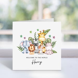 Tarjeta de bienvenida al mundo personalizada con animales: tarjeta para recién nacidos para niños, tarjeta para recién nacidos para niñas, tarjeta con fecha y detalles de nacimiento