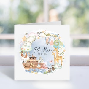 Tarjeta de bautizo personalizada para ahijado, tarjeta de bautizo de ahijada con forma de animal del Arca de Noé, tarjeta personalizada para el día del nombre de las niñas, recuerdo de bautizo de niño