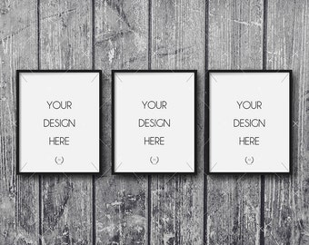 8x10 Black Mockup DIGITAL DOWNLOAD FILE Frame, Set Of Three Mockup Frames, Old Bright Gray Wood Background, Frame Stock Photography
