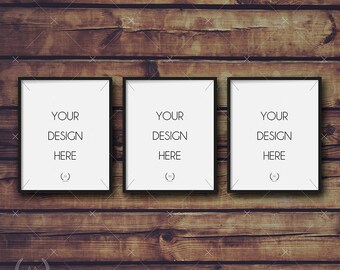 8x10 Black Mockup DIGITAL DOWNLOAD FILE Frame, Set Of Three Mockup Frames, Vintage Brown Wood Background, Frame Stock Photography