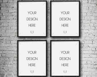 Maqueta negro 8 x 10 marco de archivo de descarga DIGITAL, conjunto de cuatro maquetas Marcos, Fondo de ladrillo blanco, marco de fotografía, producto Digital
