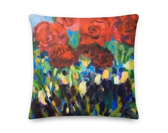 Premium Pillow, colourful red flowers,  Harmony,  Roses and iris, red, purple, yellow, blue, green, free shipping