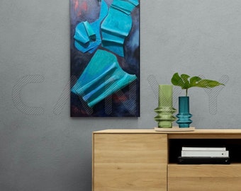 original painting abstract, acrylic, unique style, mixed media, turquoise, blue on canvas "Urban Style/Urbanisme"
