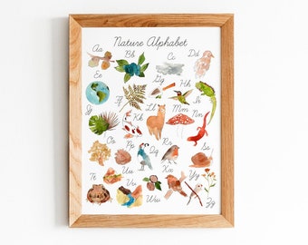 Cursive Nature Alphabet Poster - Homeschool Classroom Decor - Digital Download Watercolor Art