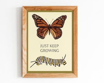 Monarch Butterfly and Caterpillar Watercolor Printable Poster - Just Keep Growing - Kids Wall Art - Digital Download Art