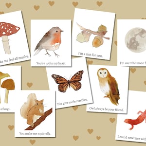 Afdrukbare Valentijnsdag voor kinderen - aquarel natuurillustraties - Valentijnsdagkaarten voor kinderen - natuur Valentijnskaarten - PDF digitale download