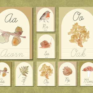Può includere: Un set di 10 flashcard con illustrazioni ad acquerello di oggetti autunnali, come ghiande, un pettirosso, una quercia, una felce, una lumaca, un fungo e una pigna. Ogni carta ha una lettera e il nome dell'oggetto scritto sotto l'immagine. Le lettere sono Aa, Rr, Oo, Ff, Ss, Pp, Mm.