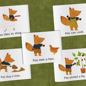 May include: A children's book with five pages featuring a fox character named Pax. Each page shows Pax doing a different activity, such as shopping, cooking, digging a hole, meeting a hen, and picking a fig.