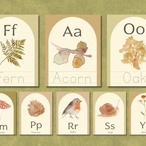 Pacote do alfabeto da natureza - Alfabetização pré-escolar Educação da natureza Recurso para impressão - Letras Ilustrações em aquarela ABC