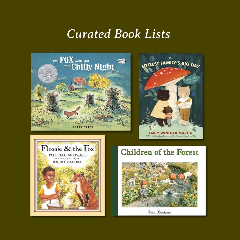 Puede incluir: Una lista de libros cuidadosamente seleccionados para ni&ntilde;os, que presenta cuatro t&iacute;tulos. El primer libro se titula "The Fox Went Out on a Chilly Night" de Peter Spier. El segundo libro se titula "The Littlest Family's Big Day" de Emily Winfield Martin. El tercer libro se titula "Flossie & the Fox" de Patricia McKissack, ilustrado por Rachel Isadora. El cuarto libro se titula "Children of the Forest" de Elsa Beskow.