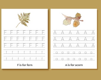 Letter Tracing Worksheets - Nature Alphabet Illustrations - Preschool Handwriting Practice - ABC