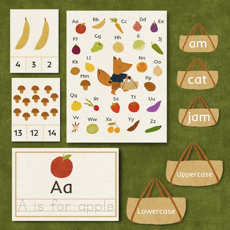 May include: A colorful alphabet chart with illustrations of fruits and vegetables. The chart includes uppercase and lowercase letters, as well as a fox carrying a basket. There are also three bags with the words "am", "cat", and "jam" written on them. Below the chart, there are two bags with the words "lowercase" and "uppercase" written on them.