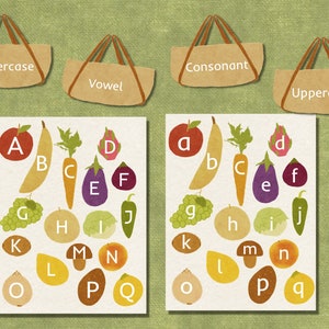 May include: An alphabet learning chart with uppercase and lowercase letters printed on various fruits and vegetables. The letters are categorized as vowels, consonants, uppercase, and lowercase.