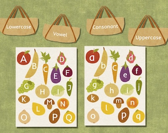 Fruit and Vegetables Letter Matching Game - Sorting Uppercase and Lowercase - Vowel and Consonant - Alphabet Activity -Homeschool  Printable