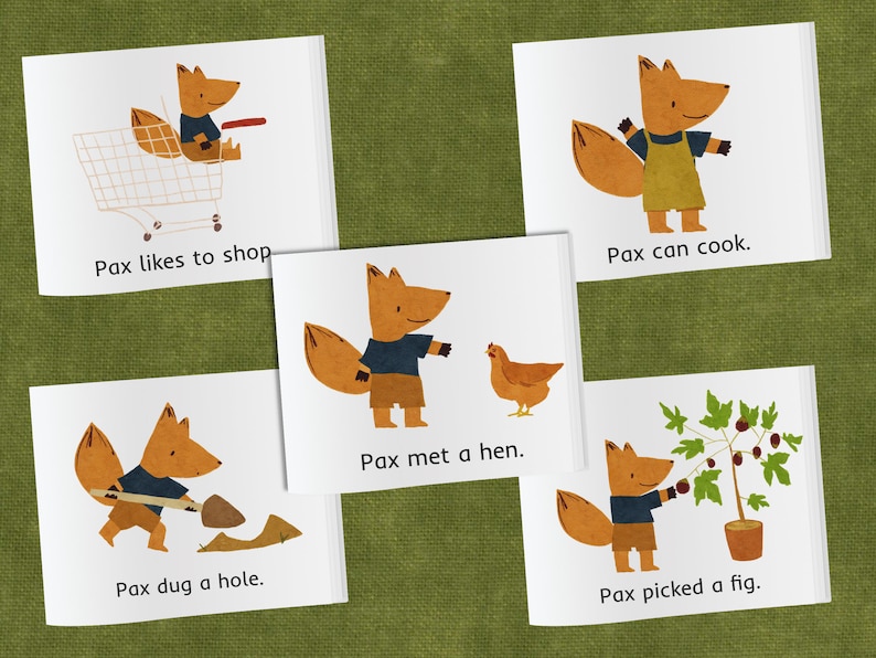 May include: A children's book with five pages featuring a fox character named Pax. Each page shows Pax doing a different activity, such as shopping, cooking, digging a hole, meeting a hen, and picking a fig.