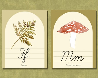 Tarjetas didácticas del alfabeto cursivo: plan de estudios imprimible basado en la naturaleza: tarjetas didácticas de escritura cursiva