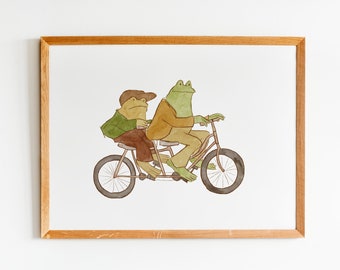 Póster digital de rana y sapo en bicicleta - Decoración para el aula con personajes de libros - Arte de pared imprimible - Descarga digital